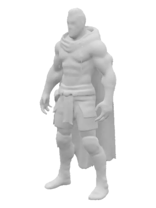 3D model for nude male cyberpunk character, muscular body with visible cybernetic implants across chest, arms and hips, leather harness belts with metal rings, dark hooded cloak draped over shoulders, glowing tattoos along spine and collarbone, facial piercings and scars, short spiked haircut, cyber visor over one eye, dark industrial corridor with glowing neon tubes in background, standing in confident relaxed pose, light reflecting off synthetic skin and metal, stylized 3D figure, cinematic lighting, 8:16 vertical frame