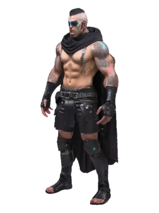 3D model for nude male cyberpunk character, muscular body with visible cybernetic implants across chest, arms and hips, leather harness belts with metal rings, dark hooded cloak draped over shoulders, glowing tattoos along spine and collarbone, facial piercings and scars, short spiked haircut, cyber visor over one eye, dark industrial corridor with glowing neon tubes in background, standing in confident relaxed pose, light reflecting off synthetic skin and metal, stylized 3D figure, cinematic lighting, 8:16 vertical frame