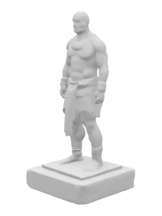3D model for bare-chested warrior rising from stone sarcophagus, dirt and moss on skin, thick arms and heavy chest, open mouth releasing ancient breath, cracked skin revealing glowing lines beneath, ancient bracelets and collar, standing pose with clenched fists, broken pedestal base, cinematic temple light, 8:16 stylized figurine