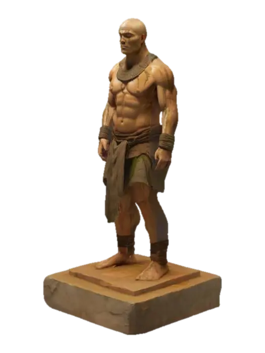 3D model for bare-chested warrior rising from stone sarcophagus, dirt and moss on skin, thick arms and heavy chest, open mouth releasing ancient breath, cracked skin revealing glowing lines beneath, ancient bracelets and collar, standing pose with clenched fists, broken pedestal base, cinematic temple light, 8:16 stylized figurine