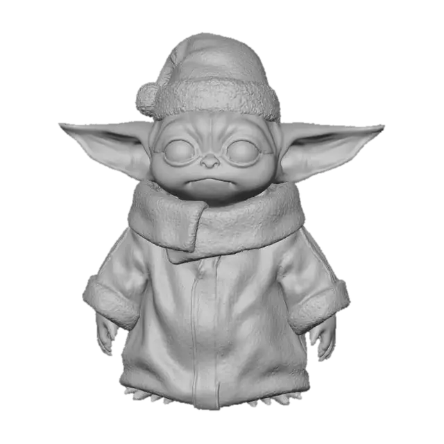 3D model for #Christmas2025#, Милый Малыш Йода из «Мандалорца» в рождественском стиле. У него гладкая зеленая кожа, большие заостренные уши и выразительные темные глаза. Он сидит, одетый в свой традиционный мешковатый коричневый балахон, поверх которого надета миниатюрная красная шапочка Санты с пушистым белым отворотом. Ткань его одеяния выглядит мягкой, а выражение его лица безмятежное и любопытное.