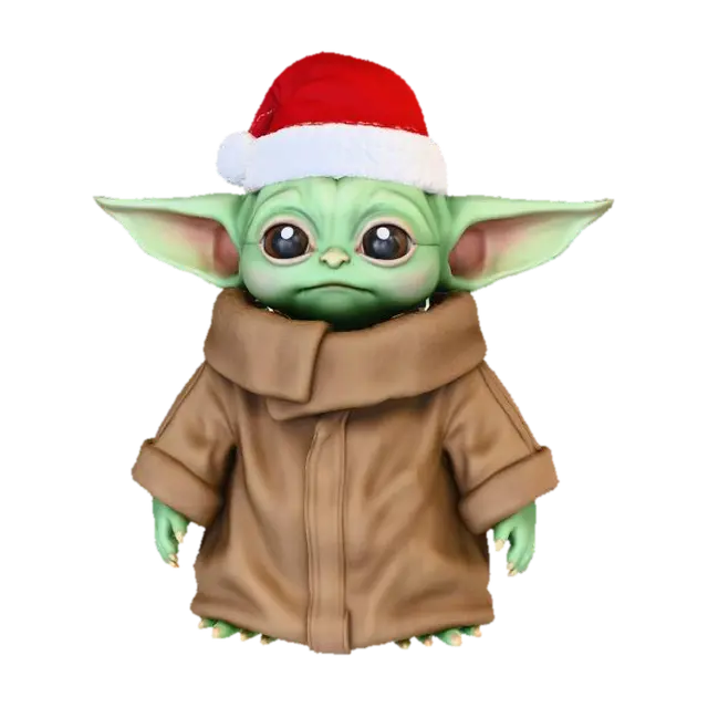 3D model for #Christmas2025#, Милый Малыш Йода из «Мандалорца» в рождественском стиле. У него гладкая зеленая кожа, большие заостренные уши и выразительные темные глаза. Он сидит, одетый в свой традиционный мешковатый коричневый балахон, поверх которого надета миниатюрная красная шапочка Санты с пушистым белым отворотом. Ткань его одеяния выглядит мягкой, а выражение его лица безмятежное и любопытное.