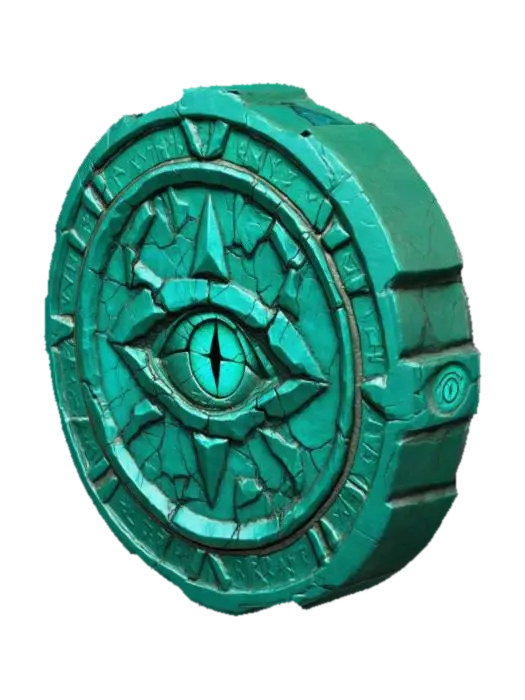 A jagged irregular coin shape like a broken artifact, deep green base color, glowing cyan cracks… - Cryptid AI 생성 3D 모델
