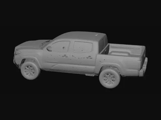 3D model for BLACK Toyota tacoma full truck 
 head lights on break light on put bullet holes in doors, windows and winshielD
