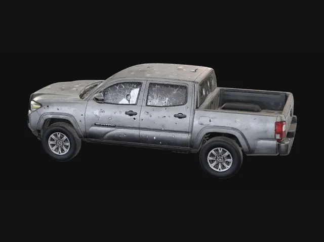 3D model for BLACK Toyota tacoma full truck 
 head lights on break light on put bullet holes in doors, windows and winshielD