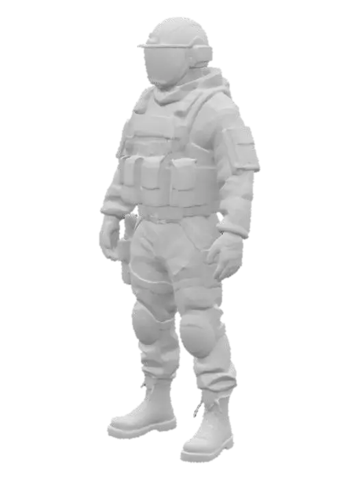 3D model for Design a hi poly soldier in full containment gear, featuring camo accents, tactical pouches, and a durable face shield. Emphasize rugged utility and mission-ready stance.