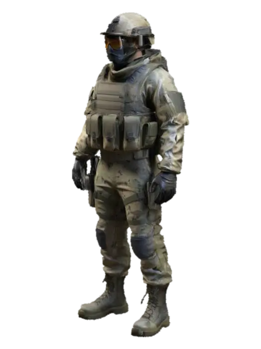 3D model for Design a hi poly soldier in full containment gear, featuring camo accents, tactical pouches, and a durable face shield. Emphasize rugged utility and mission-ready stance.