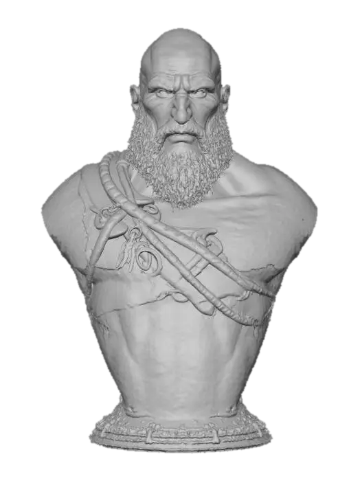 3D model for Kratos, the protagonist from the God of War Games, symmetrical, good anatomy and eyes, best quality, detailed mesh, high resolution, super detail, best quality, 4K, 8K, HDR, studio quality beautiful, elegant, realistic, Ultra-realistic 8k PBR textures with complex specular and normal maps. Clean quad topology.