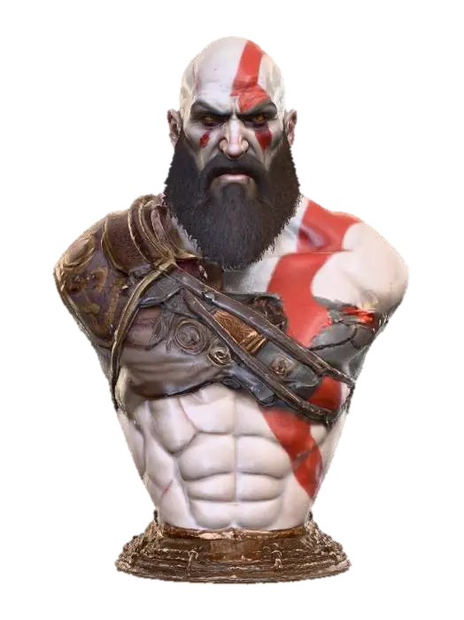 3D model for Kratos, the protagonist from the God of War Games, symmetrical, good anatomy and eyes, best quality, detailed mesh, high resolution, super detail, best quality, 4K, 8K, HDR, studio quality beautiful, elegant, realistic, Ultra-realistic 8k PBR textures with complex specular and normal maps. Clean quad topology.