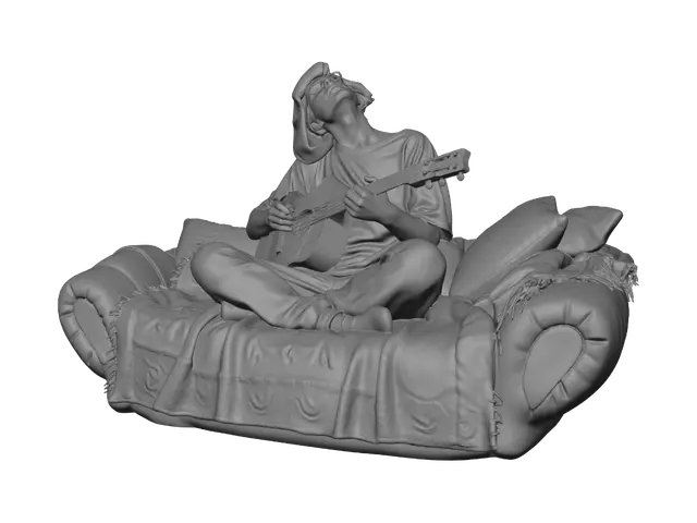 3D model for Ein junger Mann der intensiv Akustik-Gitarre spielt auf einem Sofa mit Decken und Kissen im Schneidersitz sitzt. Auf seinem Kopf trägt er ein Kissen.
