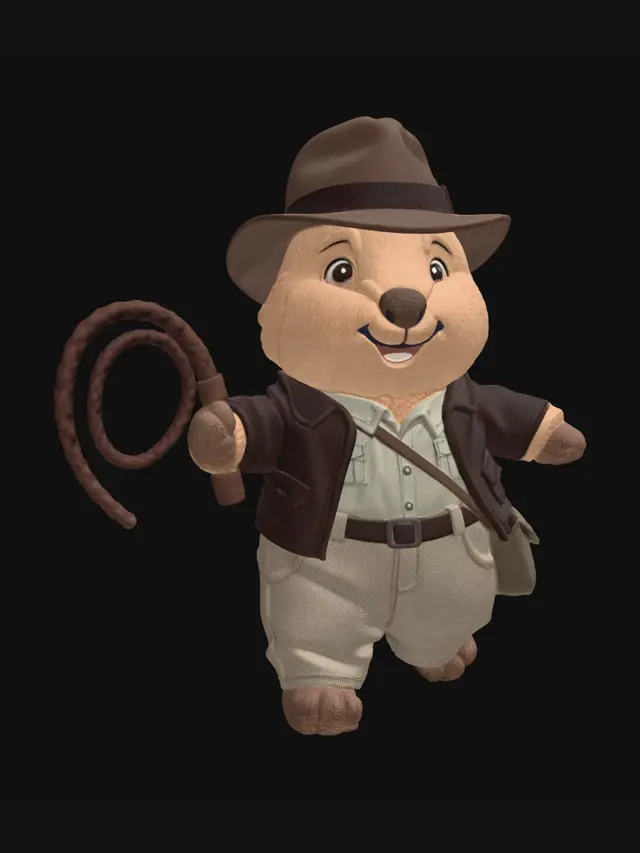 3D model for Ein Stofftier Quokka im Indianer Jones Outfit. Mit peitsche und Hut. Lustiger Gesichtsausdruck. In Actionstellung.