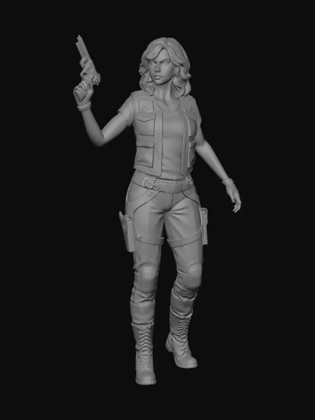 3D model for Den Comic Charakter Doctor Aphra realistisch darstellen. Schwarze Haare, Rote Weste, weißes T-shirt, hellbraune Leder Hose, schwarze Handschuhe, braune Stiefel.