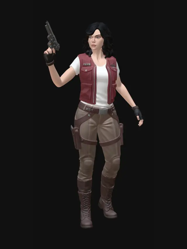 3D model for Den Comic Charakter Doctor Aphra realistisch darstellen. Schwarze Haare, Rote Weste, weißes T-shirt, hellbraune Leder Hose, schwarze Handschuhe, braune Stiefel.