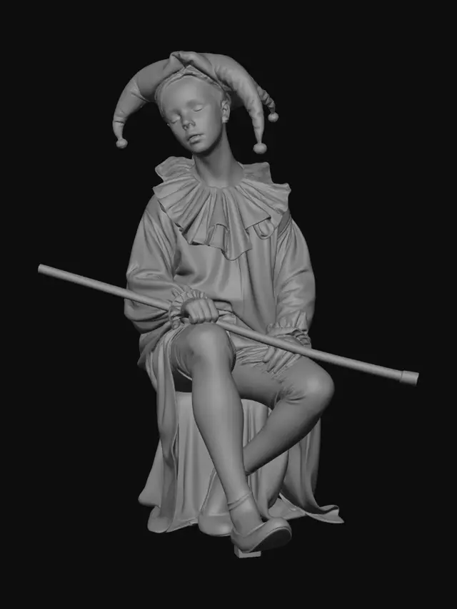 3D model for Erstelle ein 3D‑druckbares Harlekin‑Modell basierend auf einer sitzenden Figur mit Jester‑Mütze, lockerem Oberteil, Kragen, Manschetten, eng anliegenden Hosen mit Rüschen und einem horizontal gehaltenen Stab. Alle Elemente für FDM verstärken: keine dünnen Spitzen, keine schwebenden Teile, Stab mit dem Körper verbunden, Mütze verdickt, Rüschen vereinfacht. Kompakte, stabile Pose, glatte Flächen, klare Silhouetten, einteiliges Modell ohne Überhänge, die Stützmaterial erfordern. Stil: organisch, leicht melancholisch, ruhige Körperhaltung.
