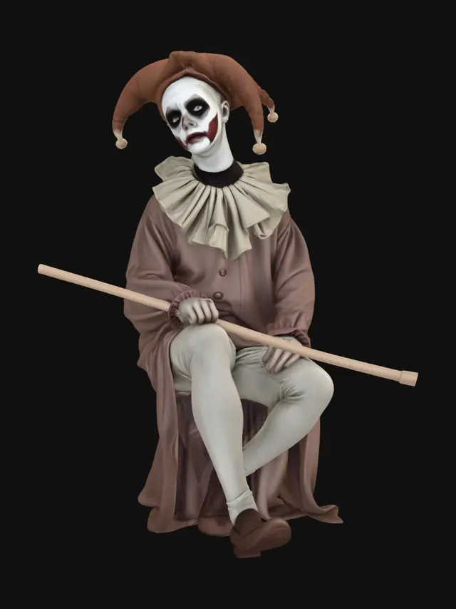 3D model for Erstelle ein 3D‑druckbares Harlekin‑Modell basierend auf einer sitzenden Figur mit Jester‑Mütze, lockerem Oberteil, Kragen, Manschetten, eng anliegenden Hosen mit Rüschen und einem horizontal gehaltenen Stab. Alle Elemente für FDM verstärken: keine dünnen Spitzen, keine schwebenden Teile, Stab mit dem Körper verbunden, Mütze verdickt, Rüschen vereinfacht. Kompakte, stabile Pose, glatte Flächen, klare Silhouetten, einteiliges Modell ohne Überhänge, die Stützmaterial erfordern. Stil: organisch, leicht melancholisch, ruhige Körperhaltung.