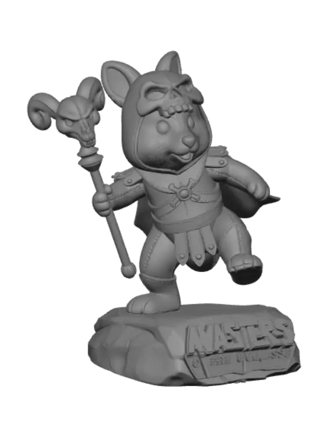 3D model for Ein süßes Plüsch Kurzschwanzkänguru, in Havoc-Stab-Action, der ein Skeletor Kostüm trägt. Die Figur steht auf einem Sockel mit der Aufschrift: Masters Of The Universe.
