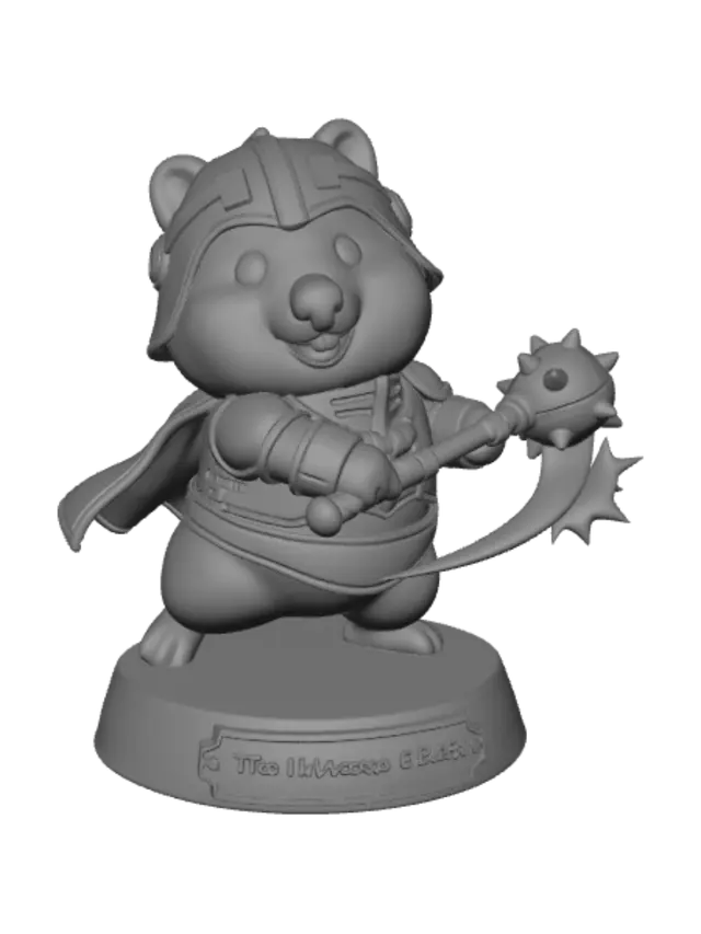 3D model for Ein fröhliches Plüsch Quokka, in Streitkolben Action, der ein Man-At-Arms Kostüm trägt. Die Figur steht auf einem Sockel mit der Aufschrift "The Universe is Back"