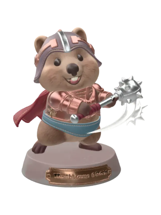 3D model for Ein fröhliches Plüsch Quokka, in Streitkolben Action, der ein Man-At-Arms Kostüm trägt. Die Figur steht auf einem Sockel mit der Aufschrift "The Universe is Back"