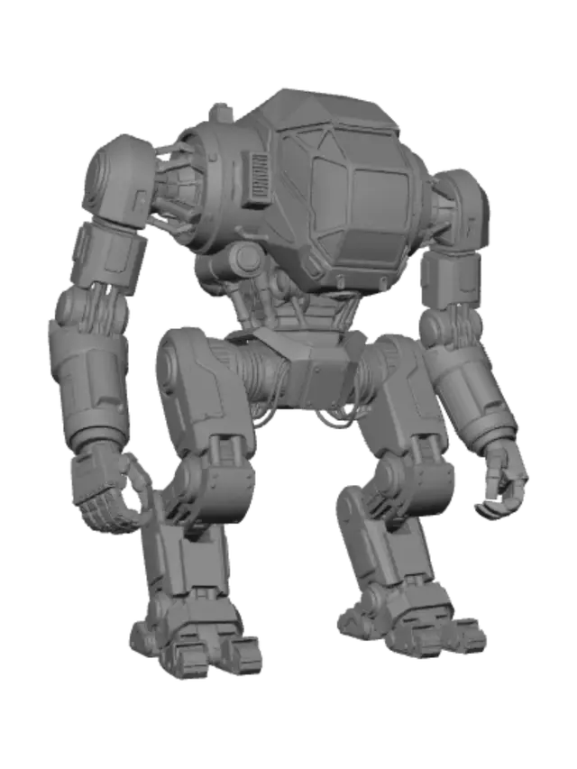 3D model for Ein Industrie Roboter im Sci-Fi Stil der zehn mal größer ist als ein Mensch. Sein Kopf dient auch als Cockpit. Mit den Basisfarben: Orange, Blau, Chromgelb und schwarz-grau. Leicht Abgenutzt.