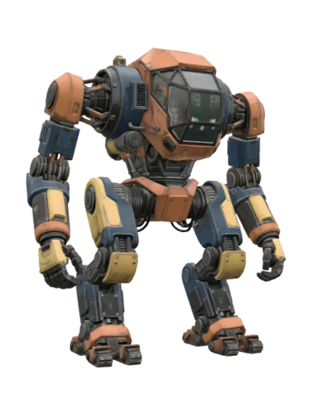 3D model for Ein Industrie Roboter im Sci-Fi Stil der zehn mal größer ist als ein Mensch. Sein Kopf dient auch als Cockpit. Mit den Basisfarben: Orange, Blau, Chromgelb und schwarz-grau. Leicht Abgenutzt.