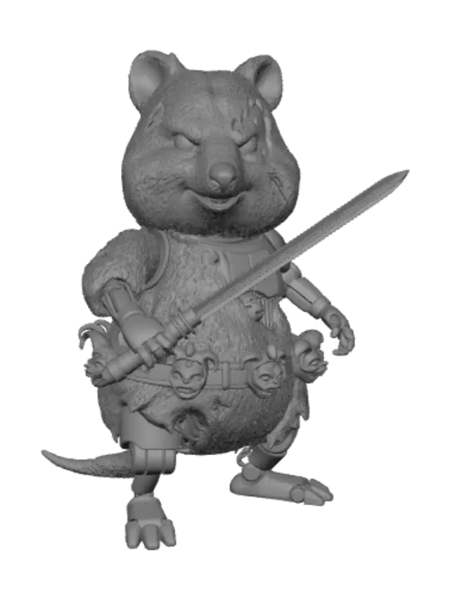 3D model for Ein böser Quokka-Roboter mit verschmitztem Blick der ein leuchtendes Schwert trägt. An seinem Gürtel befinden sich Roboter-Jester Köpfe. Äußeres im Plüsch-Lock, abgenutzter Eindruck.