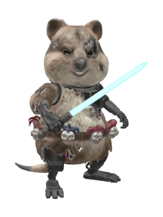 3D model for Ein böser Quokka-Roboter mit verschmitztem Blick der ein leuchtendes Schwert trägt. An seinem Gürtel befinden sich Roboter-Jester Köpfe. Äußeres im Plüsch-Lock, abgenutzter Eindruck.