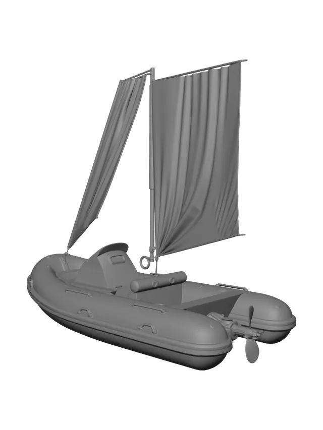 3D model for Ein Propellerheckantrieb Gummischlauchboot mit großen Stoffsegel das fliegt im Sci-Fi Stil. Leicht abgenutzter Lock.