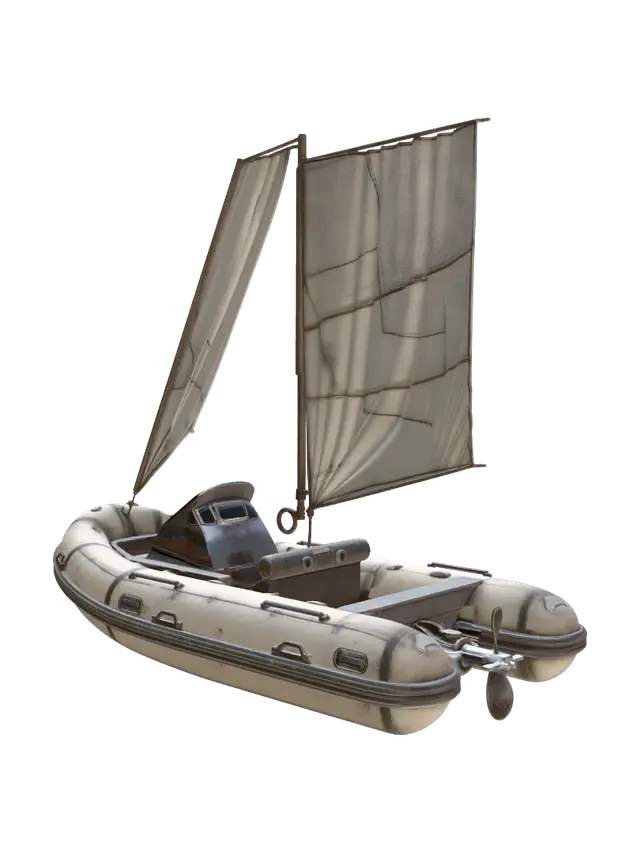 3D model for Ein Propellerheckantrieb Gummischlauchboot mit großen Stoffsegel das fliegt im Sci-Fi Stil. Leicht abgenutzter Lock.