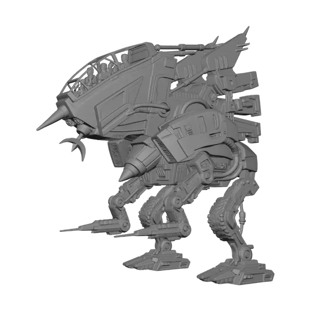 3D model for Sci-Fi Walker, 30 Meter hoch, abgenutzter Stil, Cockpit für vier Piloten, Farben: metallische braun und gelbtöne.