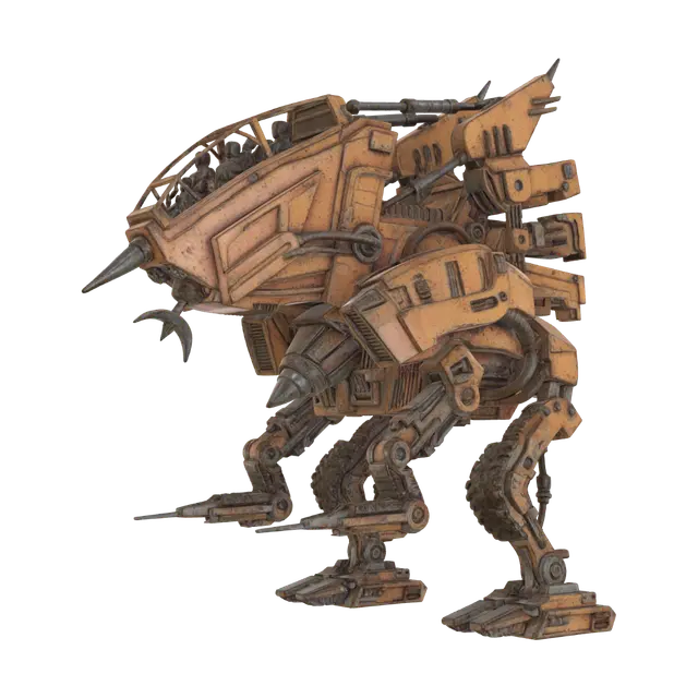 3D model for Sci-Fi Walker, 30 Meter hoch, abgenutzter Stil, Cockpit für vier Piloten, Farben: metallische braun und gelbtöne.