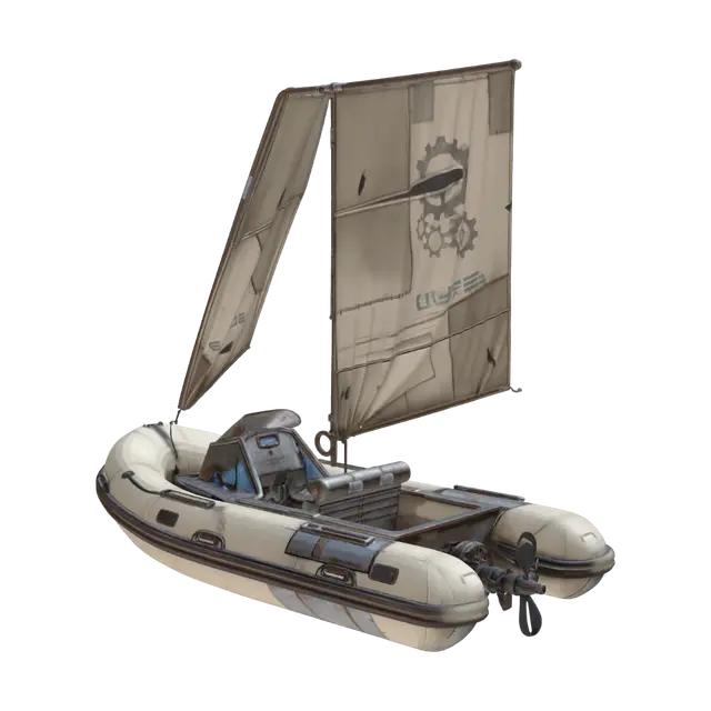 3D model for Ein Propellerheckantrieb Gummischlauchboot mit großen Stoffsegel das fliegt im Sci-Fi Stil. Leicht abgenutzter Lock.