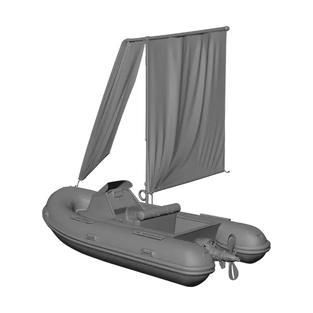 3D model for Ein Propellerheckantrieb Gummischlauchboot mit großen Stoffsegel das fliegt im Sci-Fi Stil. Leicht abgenutzter Lock.