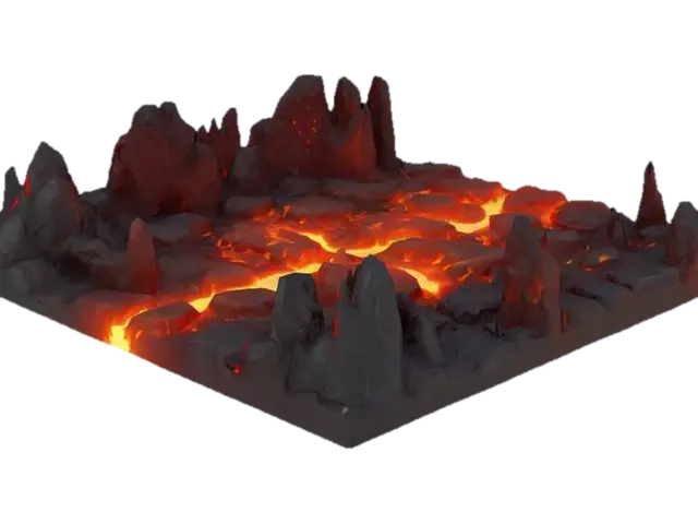 Generate a low-poly stylized hell landscape with lava elements - Gameart 3D model, vytvořený pomocí AI