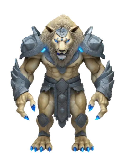 fantasy humanoid lion, massive body with stone crystals, massive paws ending in… - Warriors 3D model, vytvořený pomocí AI