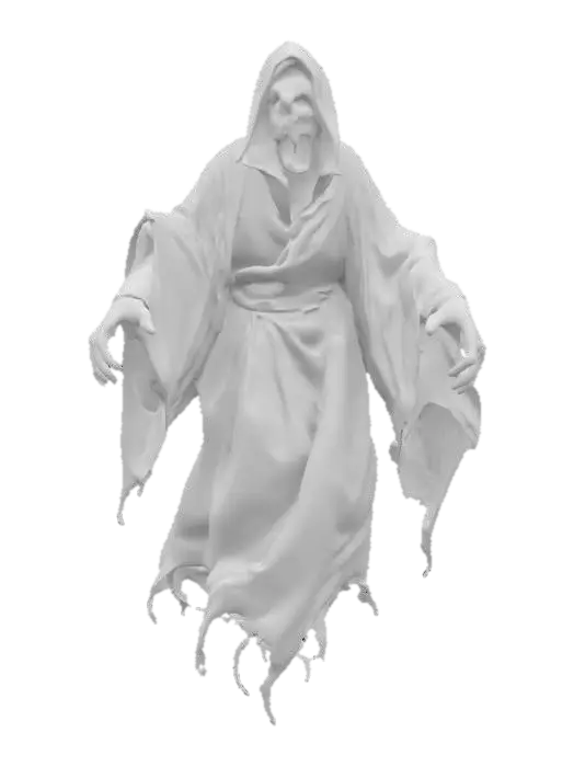 3D model for fantasy ghost enraged, body floating in the air, torn robe fluttering on his body, detailed scary face ghost, extremely detailed, high sharp resolution texture, T-Pose