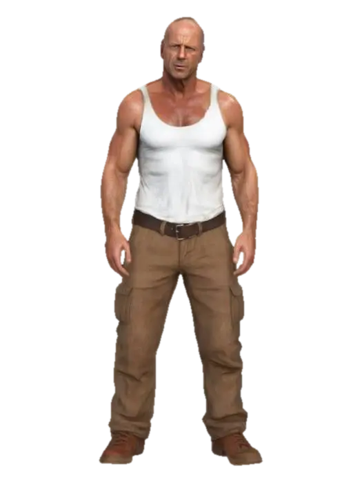 "Die Hard" Bruce Willis, white tank top, brown cargo pants, sweaty muscular body, a… - Actor 3D model, vytvořený pomocí AI