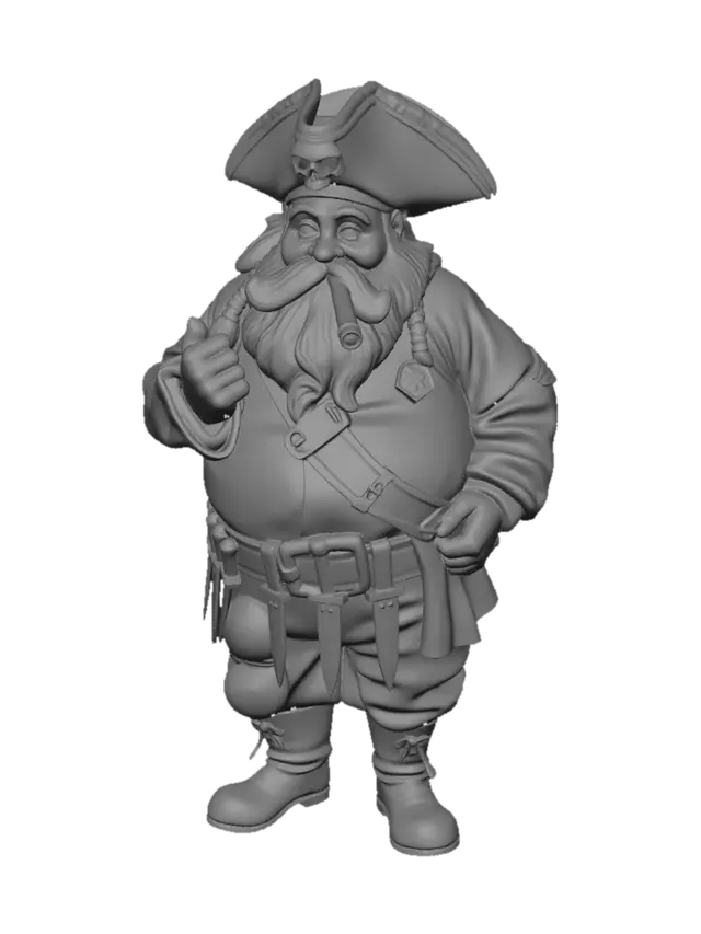 3D model for я хочу чтобы ты создал 3д модель толстого персонажа пирата с бородой косичками на бороде,пиратская шляпа треуголка с черепом в зубах у него сигара,вместо одной ноги протез из дерева ,а на поясе висит 6 мечей