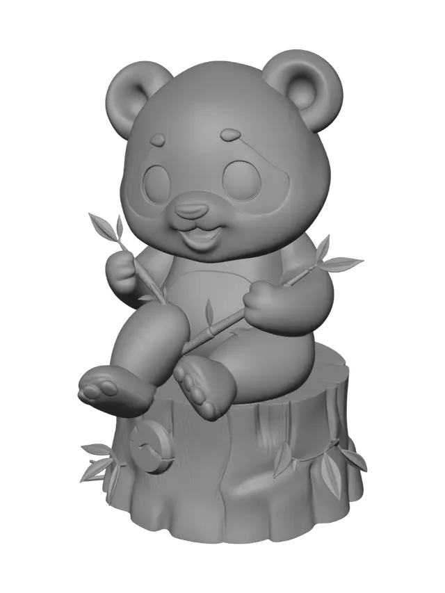 3D model for Cute chibi panda sitting on a natural bamboo tree stump, smiling peacefully while holding a small bamboo branch. Large expressive eyes, rounded proportions, clean and simple shapes, optimized for FDM 3D printing. Thick walls, no thin fragile parts, minimal supports, stable flat base, clearly separated color regions for black, white, green and brown, highly detailed but printable, collectible decorative figurine.No floating parts, no overhangs greater than 45 degrees, optimized for support-free FDM printing.