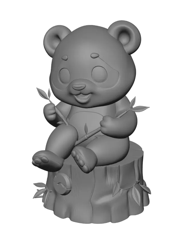 3D model for Cute chibi panda sitting on a natural bamboo tree stump, smiling peacefully while holding a small bamboo branch. Large expressive eyes, rounded proportions, clean and simple shapes, optimized for FDM 3D printing. Thick walls, no thin fragile parts, minimal supports, stable flat base, clearly separated color regions for black, white, green and brown, highly detailed but printable, collectible decorative figurine.No floating parts, no overhangs greater than 45 degrees, optimized for support-free FDM printing.