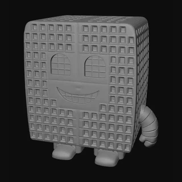 3D model for a big building with many windows with a face arms and legs