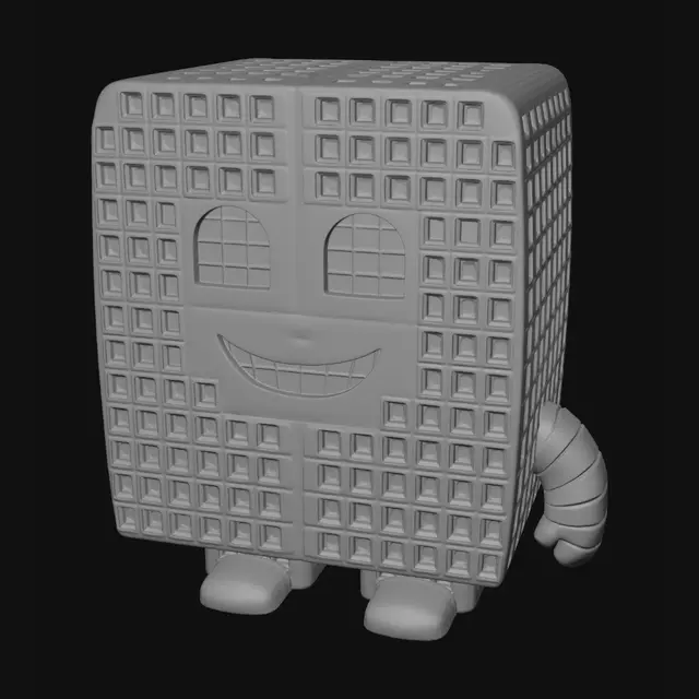 3D model for a big building with many windows with a face arms and legs