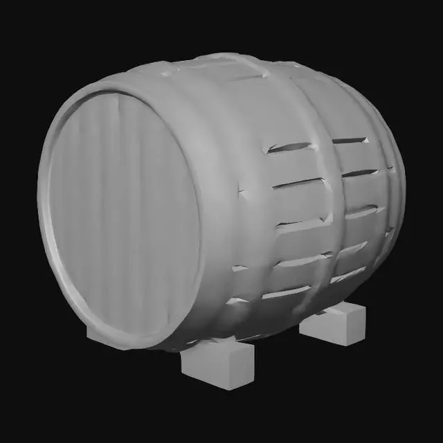3D model for low poly wooden barrel, stylized game asset, clean topology, PBR texture, isolated object, game ready