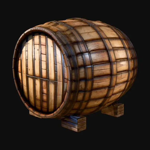 3D model for low poly wooden barrel, stylized game asset, clean topology, PBR texture, isolated object, game ready