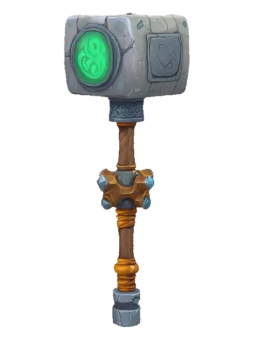 3D model for Cartoon style, stone, stone hammer, fantasy RPG project, game design, concept art, monocoque model, rune elements, long handled warhammer, long handled hammer