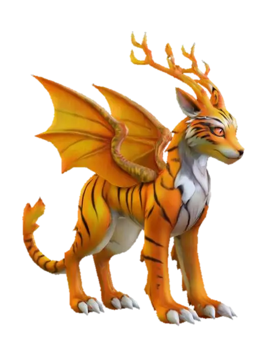 3D model for anime like pokemon, spiritual pets. fantasy,Stylized, epic and cute Peryton, mythical creature, tiger, feydragon, wolf, deer