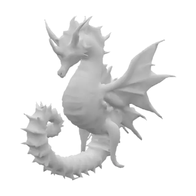 3D model for A magnificent, imposing seahorse, scaled for battle, boasts a robust, armored body of deep sapphire blue, with iridescent scales that shift to emerald green along its ridge and fins. Its powerful, prehensile tail is coiled, ready for propulsion, and its large eyes convey ancient wisdom. It wears a saddle crafted from polished, hardened coral and tough, woven bioluminescent kelp, secured by a complex bridle of similar materials, giving it a rigid yet organic feel.