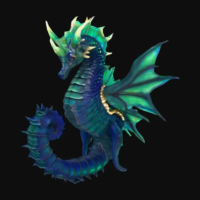 3D model for A magnificent, imposing seahorse, scaled for battle, boasts a robust, armored body of deep sapphire blue, with iridescent scales that shift to emerald green along its ridge and fins. Its powerful, prehensile tail is coiled, ready for propulsion, and its large eyes convey ancient wisdom. It wears a saddle crafted from polished, hardened coral and tough, woven bioluminescent kelp, secured by a complex bridle of similar materials, giving it a rigid yet organic feel.