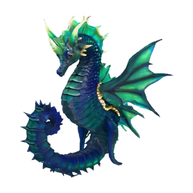 3D model for A magnificent, imposing seahorse, scaled for battle, boasts a robust, armored body of deep sapphire blue, with iridescent scales that shift to emerald green along its ridge and fins. Its powerful, prehensile tail is coiled, ready for propulsion, and its large eyes convey ancient wisdom. It wears a saddle crafted from polished, hardened coral and tough, woven bioluminescent kelp, secured by a complex bridle of similar materials, giving it a rigid yet organic feel.