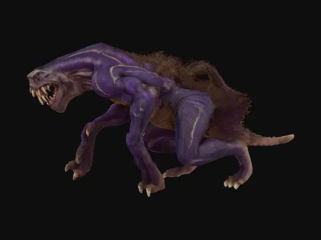 3D model for A monstrous, semi-humanoid creature with a grotesquely massive, bulging torso and disproportionately crooked limbs, suggesting immense, gnarled power. Its skin appears to be a thick, leathery hide, mottled with dark, earthy tones of bruised purples and deep greys, giving it a rough, scaly texture. The creature's enormous jaw is distended, agape in a terrifying snarl, revealing rows of jagged, yellowish teeth that gleam with a predatory, bone-like quality. Its overall form is one of raw, horrifying might.