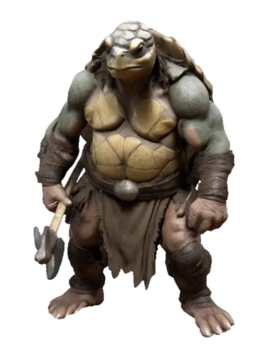 3D model for A male Tortle Barbarian wielding a two handed maul made of the world tree. The maul has markings and the Tortles Shell is etched with runes. He is of average height but is imposing slow and steady
